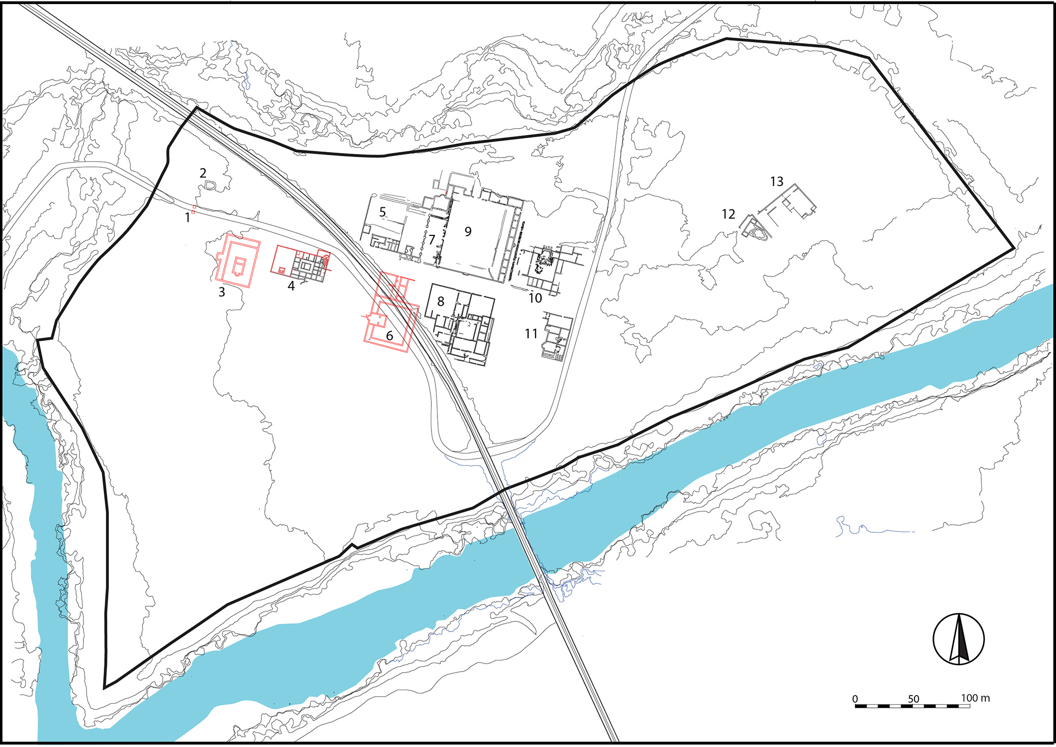 A detailed plan of the ancient site of Doclea indicating various structures such as temples, baths, and the forum. Structures destroyed by modern constructions are highlighted in red, and the city walls in black.