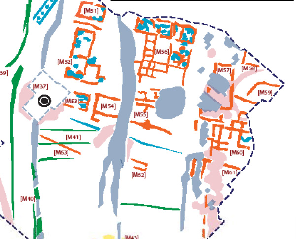 Interpretative map based on a magnetometry study of the southwestern area of Doclea. The colors and outlines indicate buried structures corresponding to ancient buildings and streets.