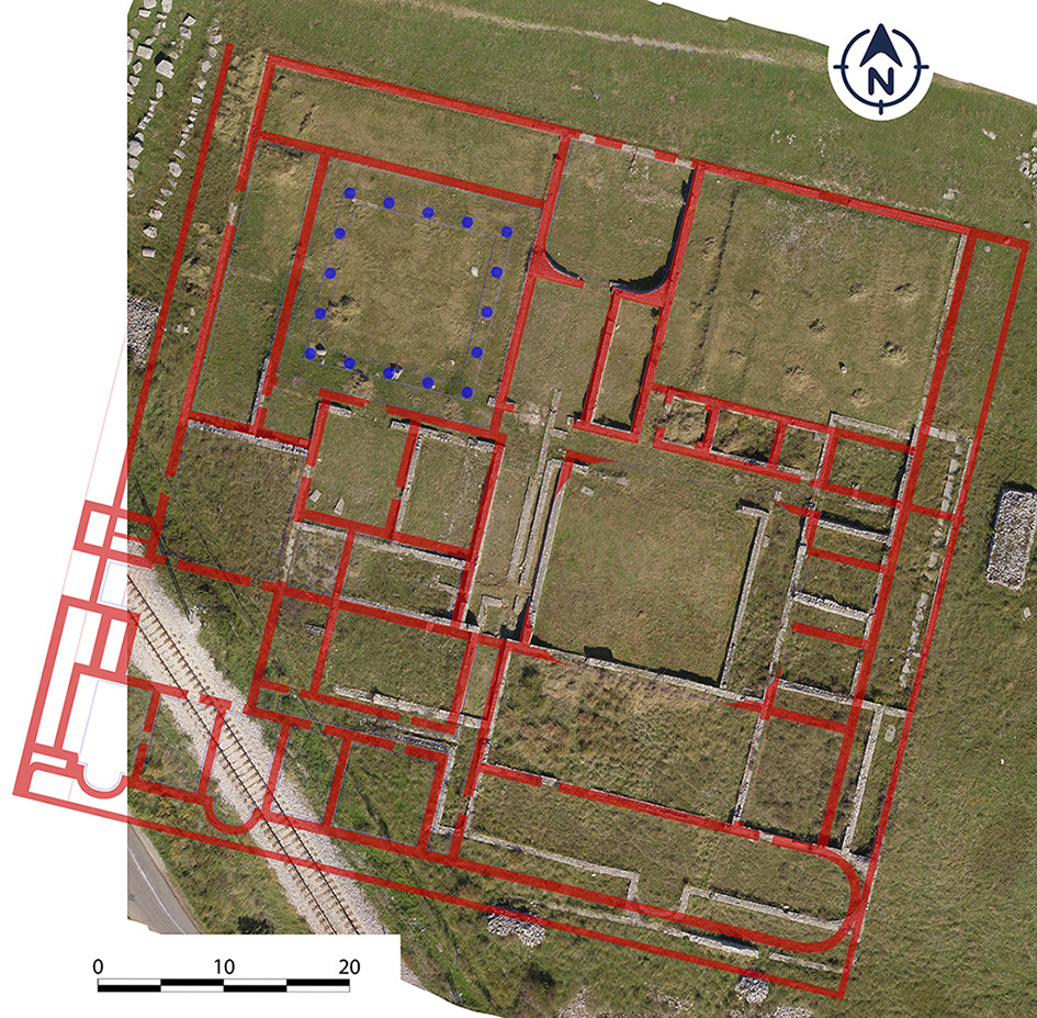Overlay of an orthophoto with Sticotti’s plan of the monumental thermae of Doclea. This image allows for the visualization of the layout of the baths and their different sections.