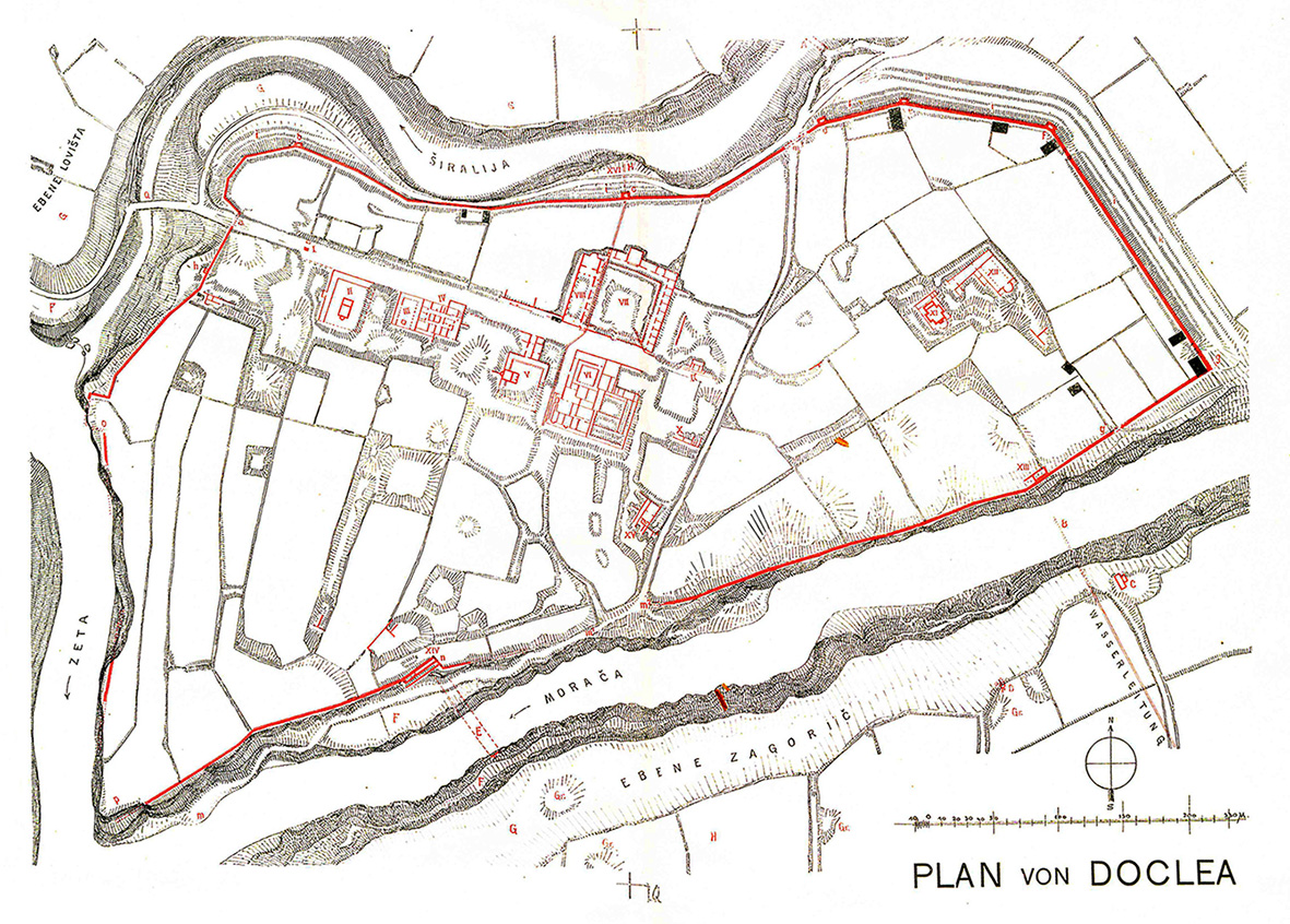 An early 20th-century plan of Doclea, documenting the structures existing at that time.