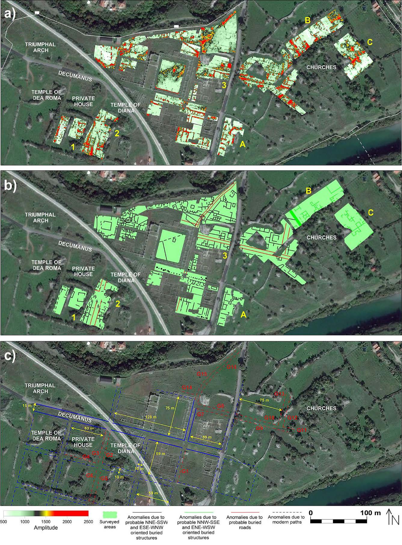 A map displaying the results of geophysical surveys, highlighting underground structures beneath the Doclea site.