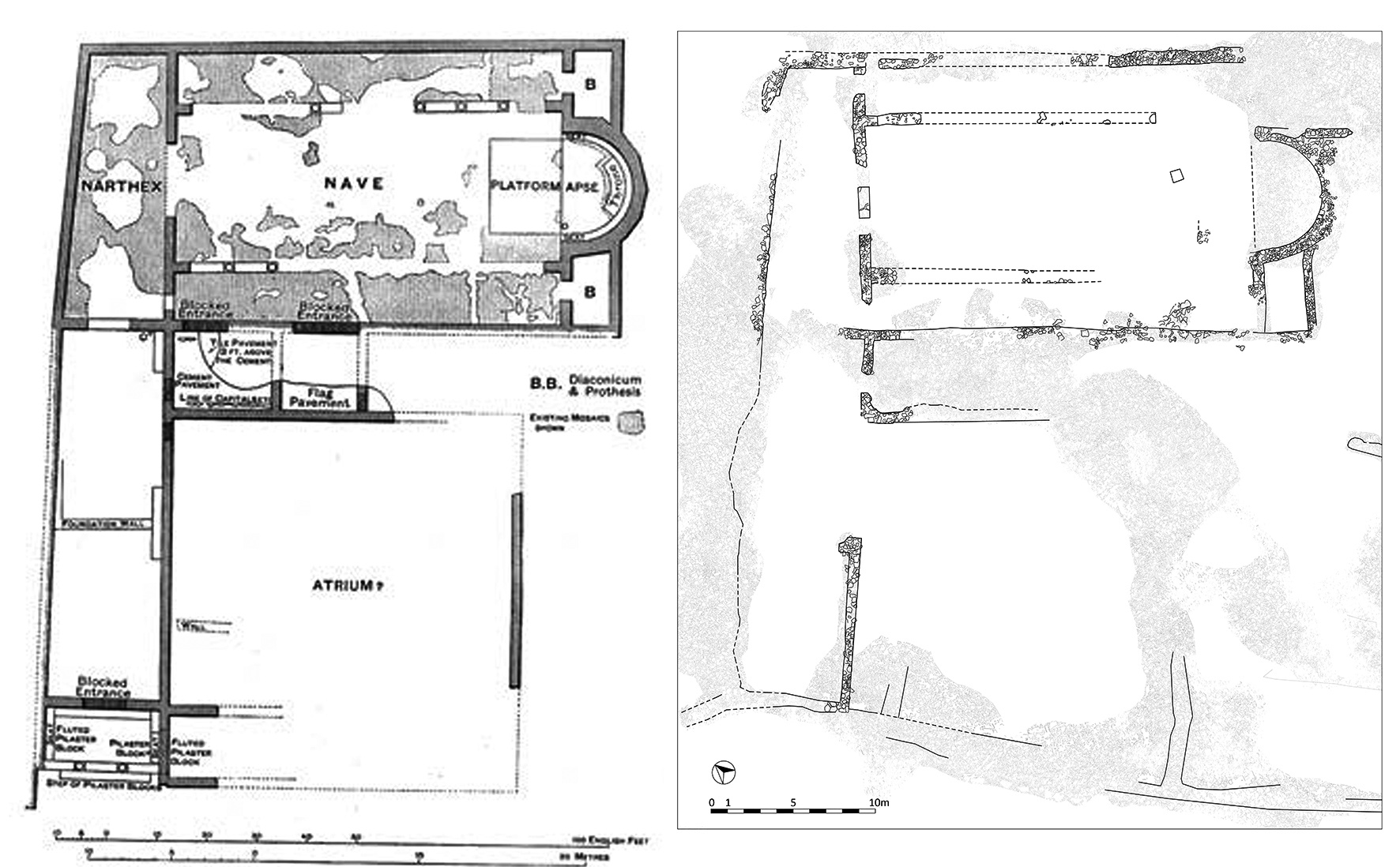 This illustration compares two plans of Basilica A: one from Munro’s 1896 research and another from a more recent study. Changes in the interpretation of archaeological remains are evident, particularly in the arrangement of walls and the identification of different building sections. The atrium and nave remain central elements in both plans.