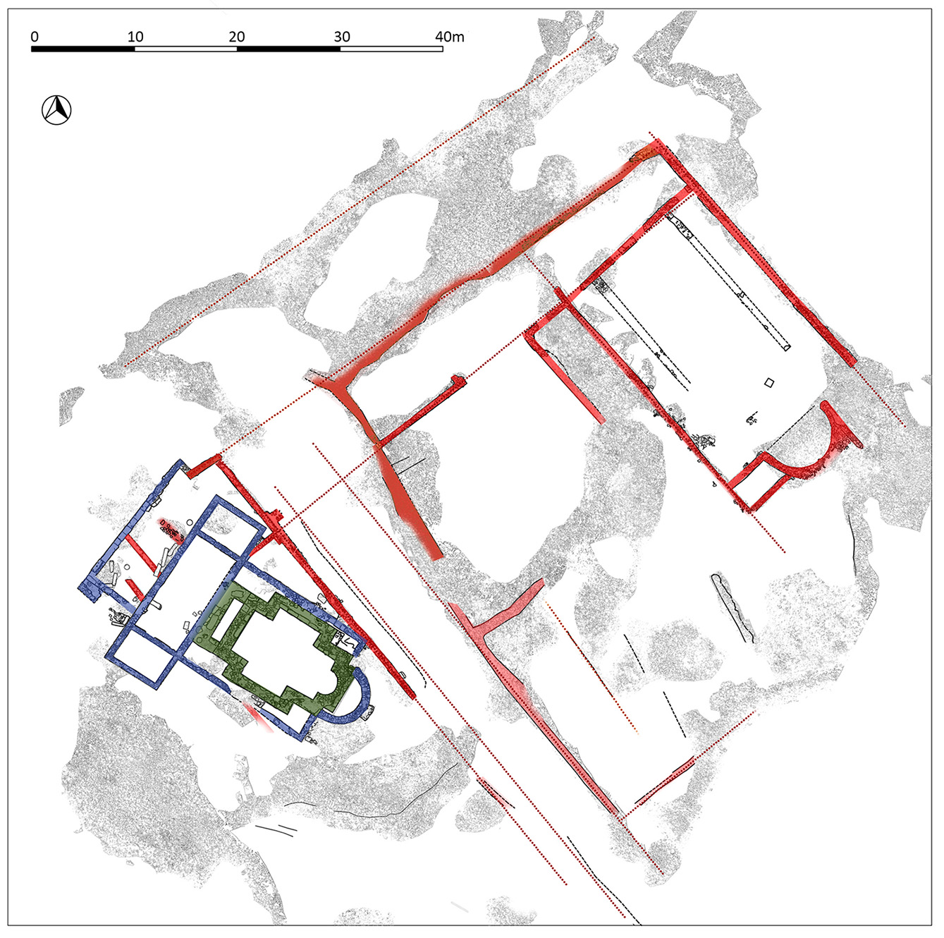 An architectural plan overlaying the structures of Basilica B and the Cruciform Church. Discovered graves are marked, showing the site’s funerary use. The building outlines are drawn in black, with red sections indicating walls or structures uncovered during excavations.
