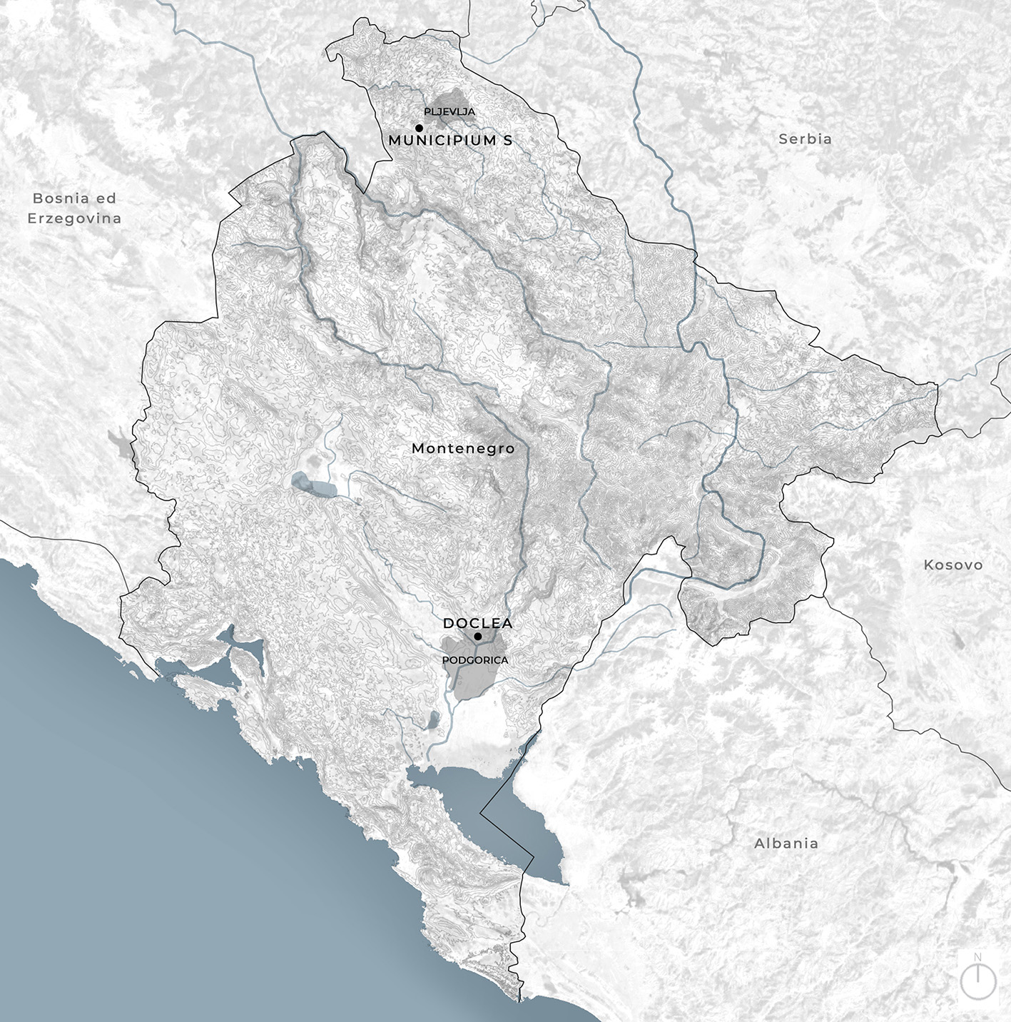 A map of Montenegro showing the location of the ancient city of Doclea, north of Podgorica.