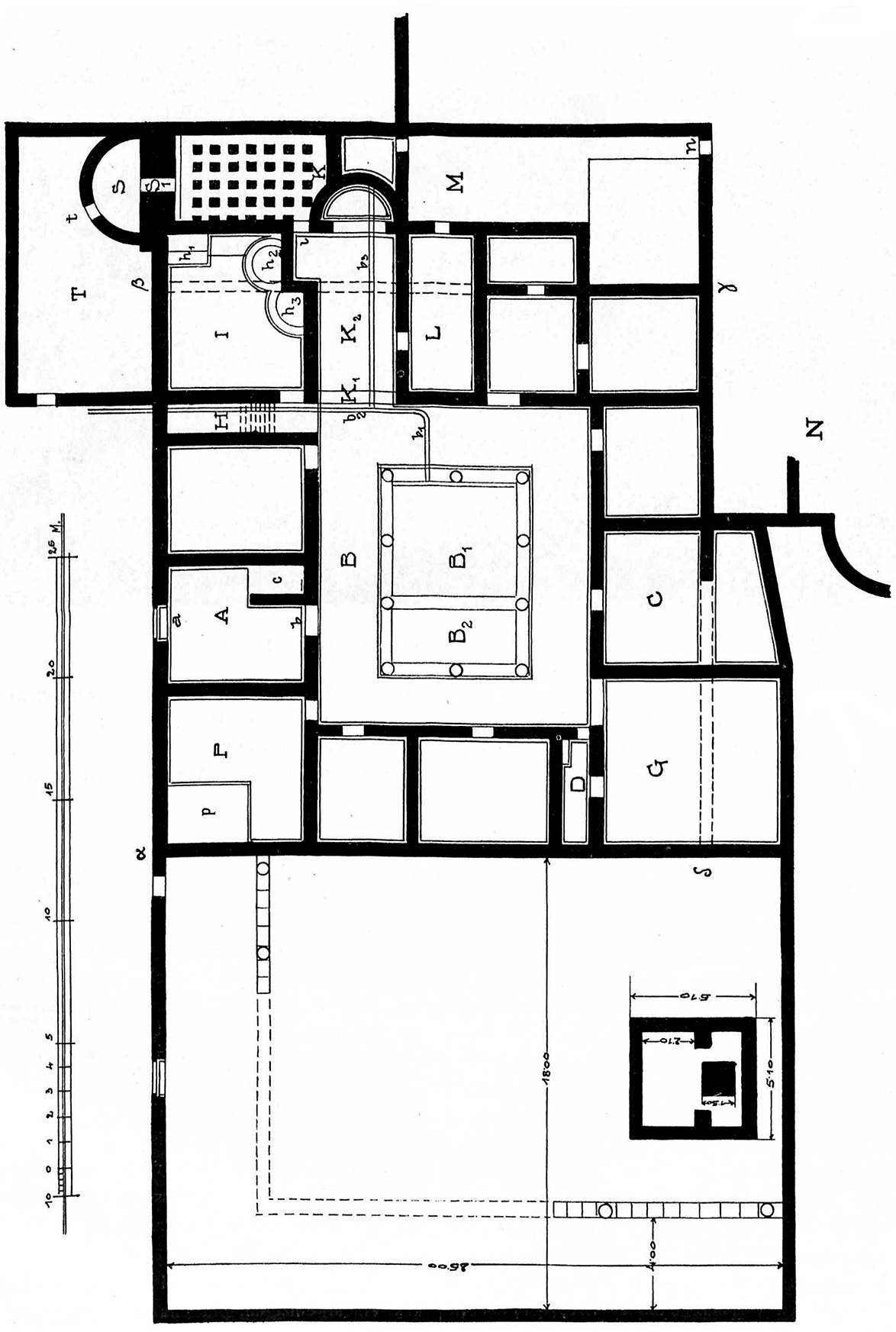 This architectural plan provides a schematic reconstruction of the private house, highlighting the arrangement of the rooms. It features a large central courtyard surrounded by multiple rooms, some of which may have been bedrooms, storage areas, or private baths. The presence of columns in the central atrium suggests Roman influence on the building’s design.