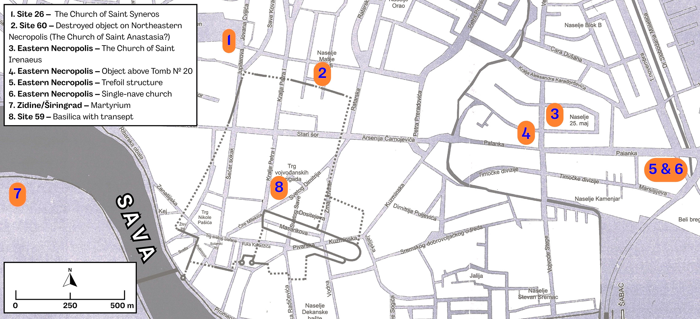 Plan de localisation des sites paléochrétiens dans la ville antique de Sirmium (actuelle Sremska Mitrovica), indiquant huit emplacements numérotés correspondant à des églises, basiliques et structures funéraires, avec le tracé des rues modernes et le cours de la Save